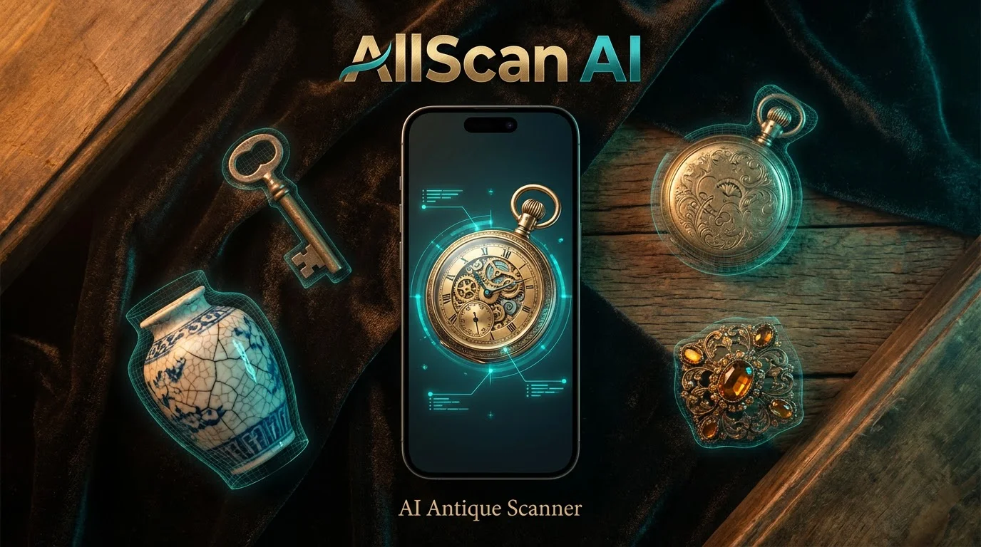 AI antique scanner on iPhone identifying vintage pocket watch value with AllScan AI antique identifier