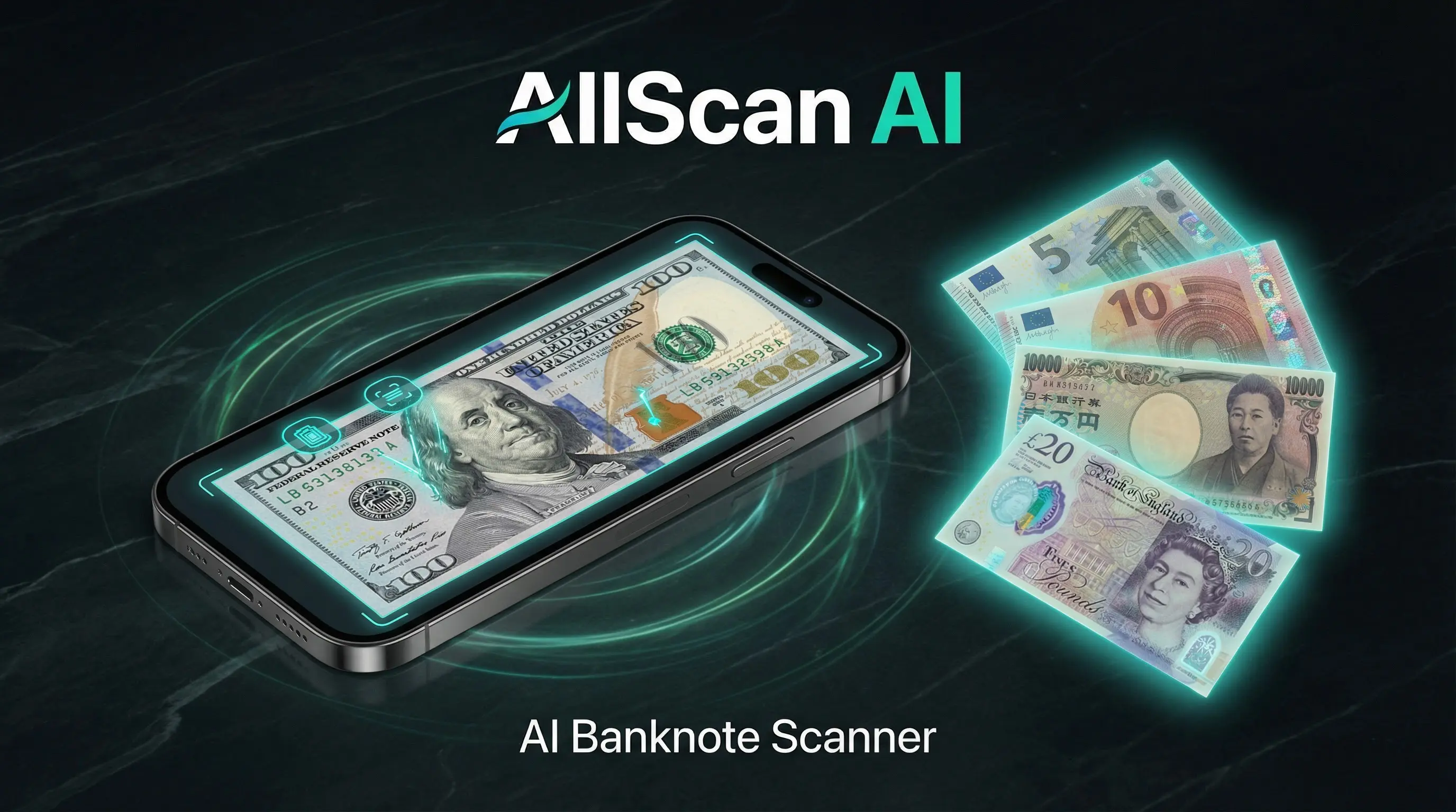 AI banknote scanner on iPhone identifying currency denomination and value with AllScan AI banknote identifier