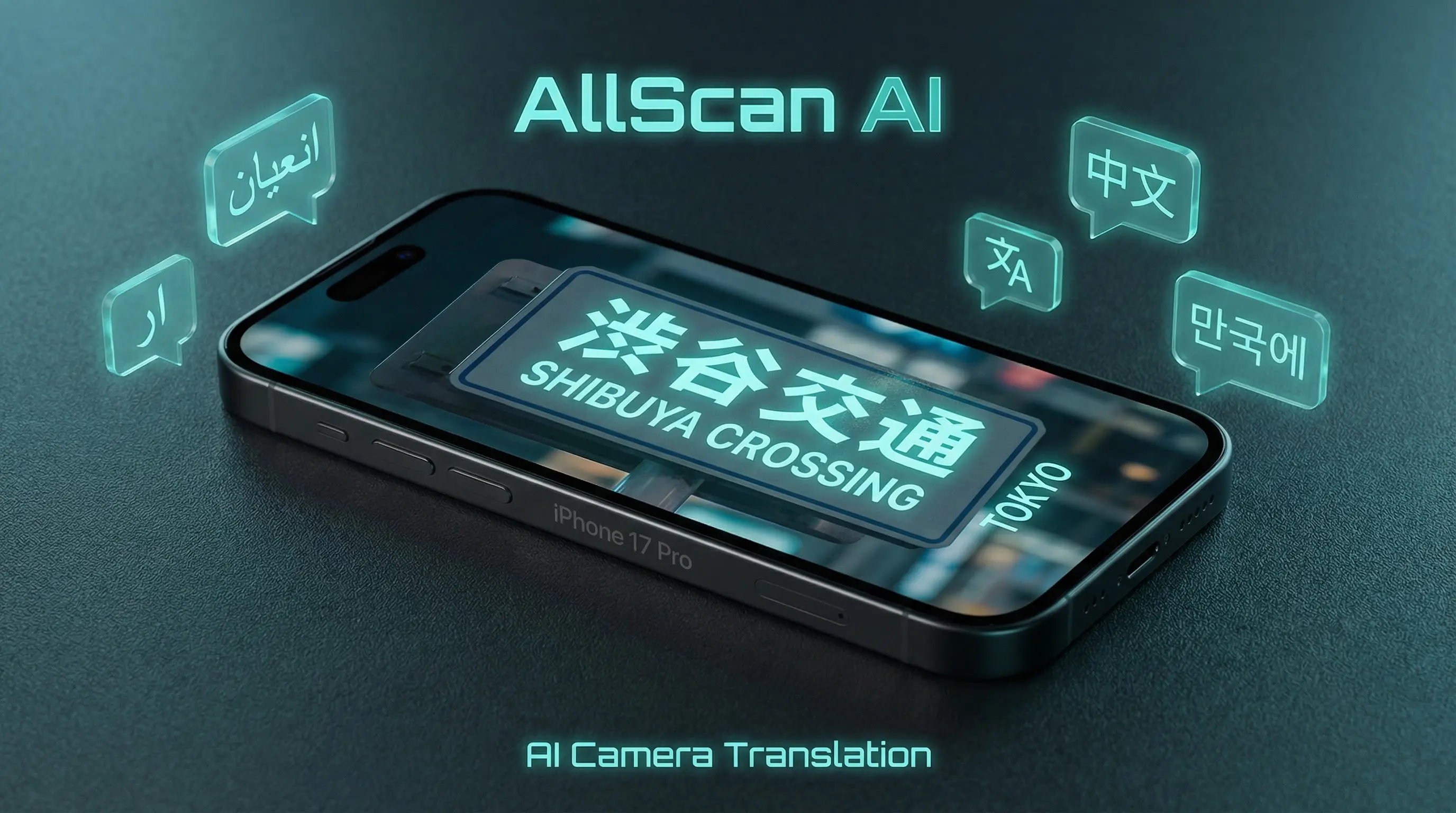 AI camera translation on iPhone translating Japanese street sign to English with AllScan AI live translation