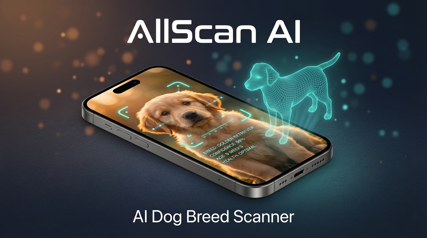 AI dog breed scanner on iPhone identifying golden retriever puppy breed with AllScan AI dog identifier