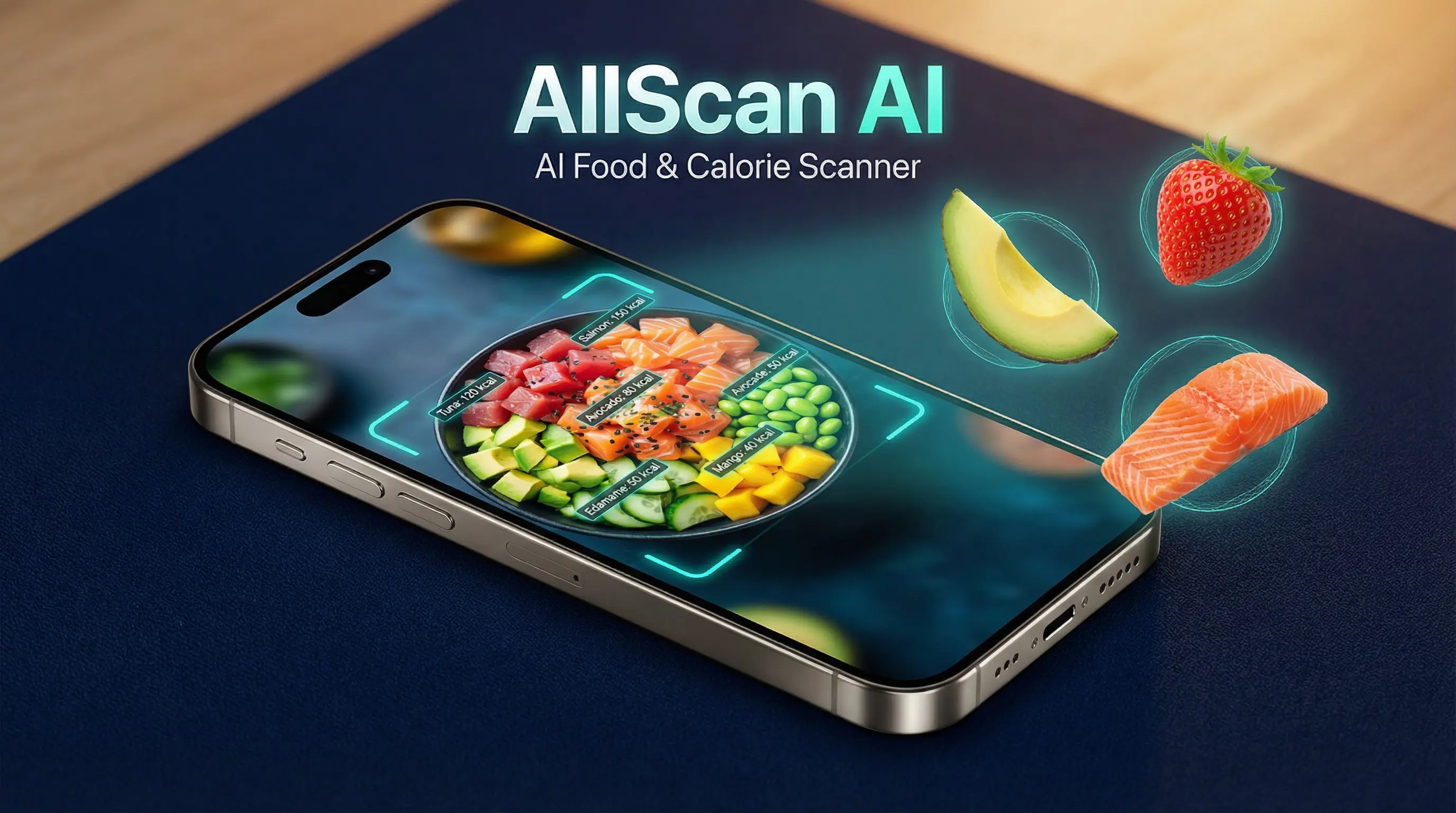 AI food scanner on iPhone showing calorie count and nutrition analysis with AllScan AI food identifier