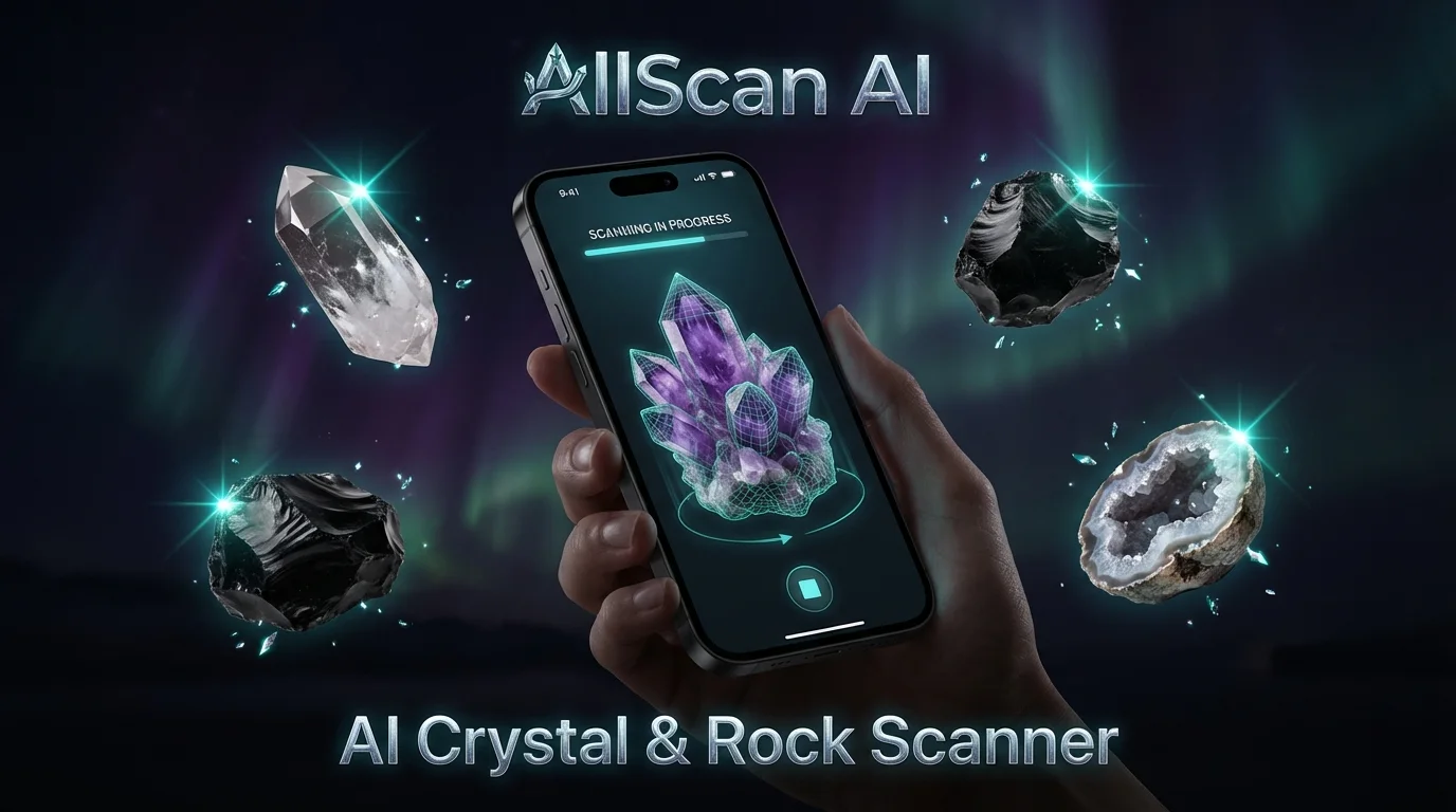 AI rock and crystal scanner on iPhone identifying amethyst crystal with AllScan AI mineral identifier