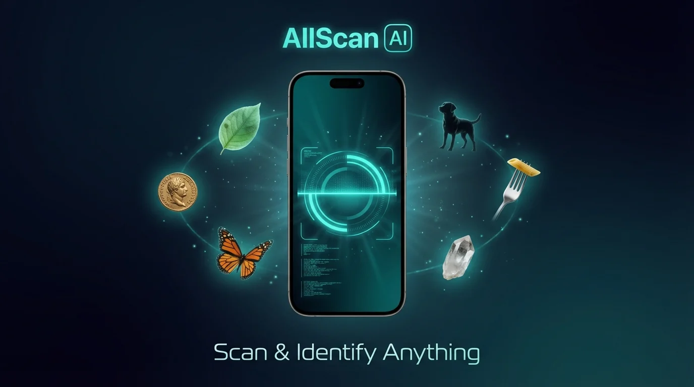AllScan AI app on iPhone showing AI image scanner identifying plants, animals, coins, food, and products from photos